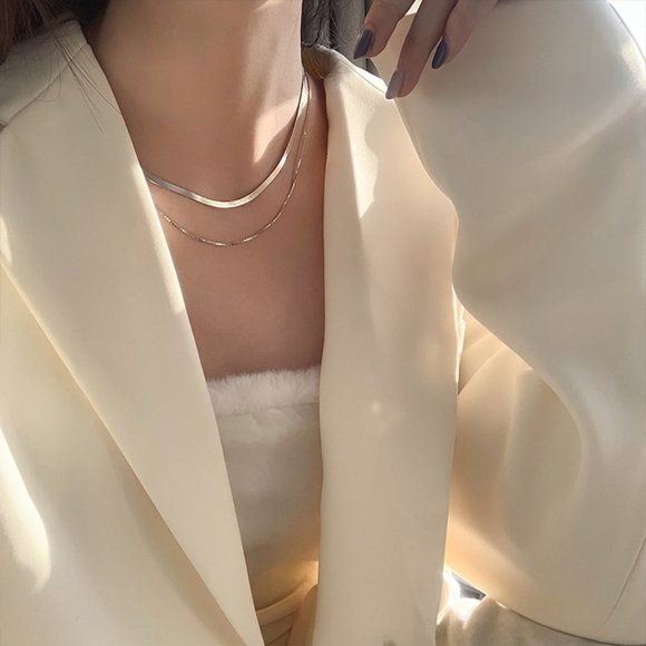 #NEW 925 Sterling Silver  Flat Herringbone Snake Chain Double Layer Necklace - Picture 5 of 5